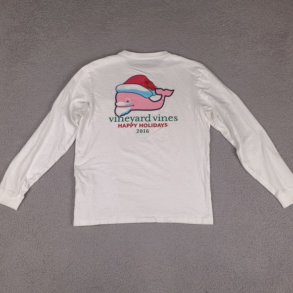 Vineyard Vines T-Shirt Mens Small White Happy Holidays 2016 Santa‎ Whale X-Mas - Picture 1 of 12